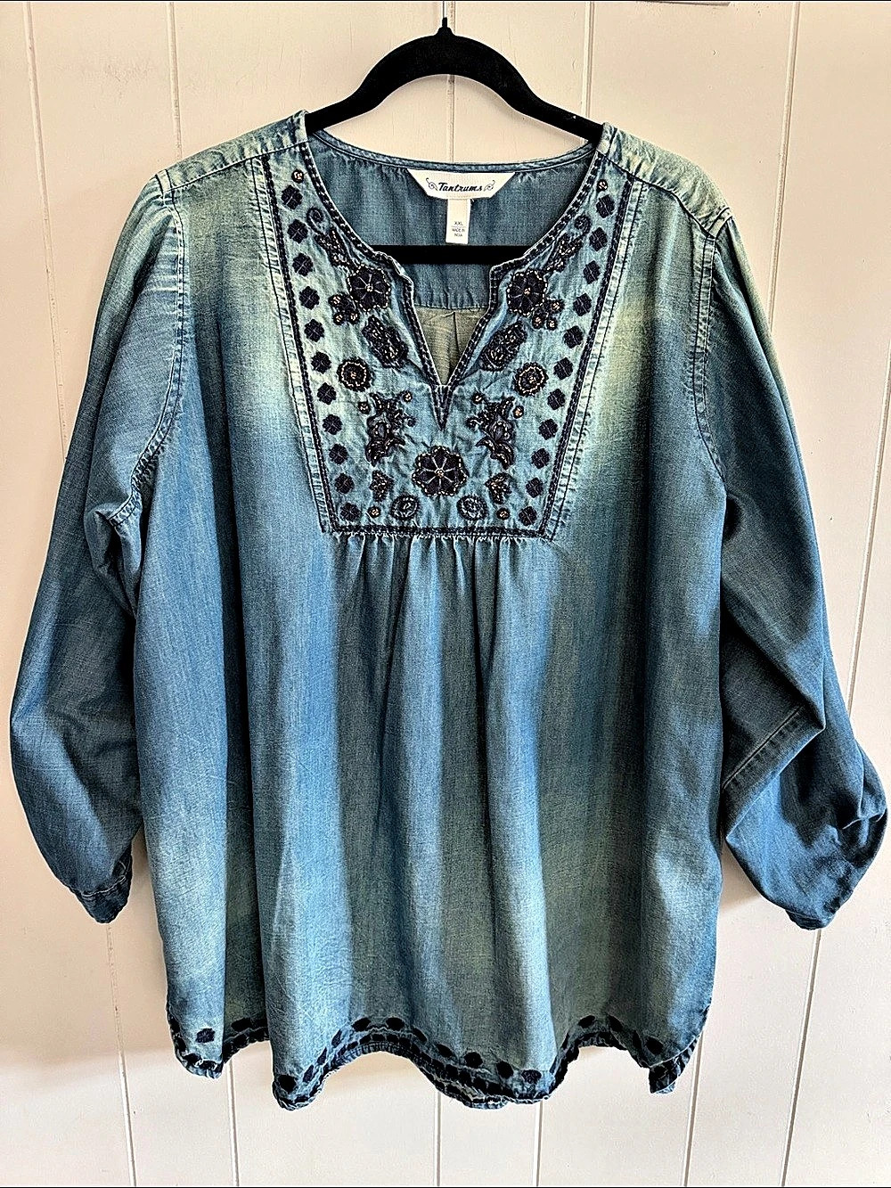 Tantrums Embroidered Chambray Denim Tunic XXL Boho Western Country Prairie Rodeo